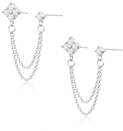 HARJJME Ohrringe Silber 925/Glod für Damen 14K Vergoldet Ohrring Kette Hängend Wasserfest Doppel Piercing Ohrstecker Kleeblatt CZ Ohrringe für Mehrere Ohrlöcher Schmuck Geschenk