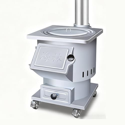 Large Wood Stove, Mobile Wood Stove with Wheels, Energy-Saving Steel Stove with Chimney – Suitable for Daily Cooking, Boiling Water & Home Heating