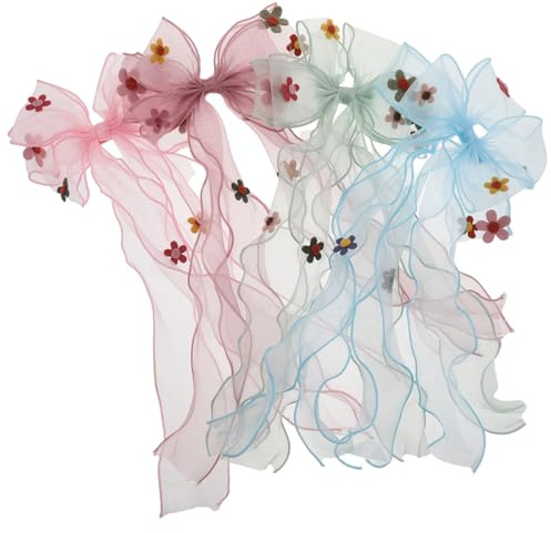 Gogogmee 4 Pièces Pinces à Cheveux Nœud Organza pour Fille Lot de Barrettes Grandes Boucles avec Rubans Longs Tulle Accessoires Coiffure Confortables pour Tout-petits et Garçon Fille