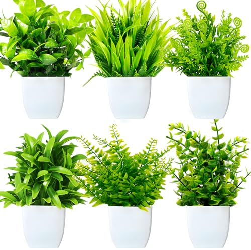 Purpledi 6 Pezzi Mini Piante Artificiali Verdi in Vaso Plastica, Piante Finte da Interno, Piantine Finte Decorative con Vasetto per Casa Ufficio Tavolo Stanza Bagno Decorazione Interno