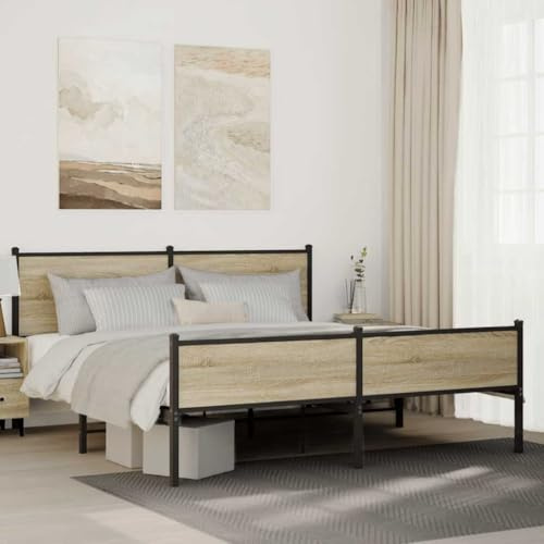 Hoopleep Robust metallplattform sängram, Sonoma-ek finish, 183 x 213 cm Queen Size, stålkonstruktion med Headboard, under-bed förvaringsplats, ingen låda vår behöver