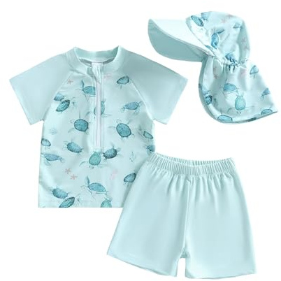 BeliBacca Toddler Baby Boy Swimsuit Set Infant Short Sleeve Zipper Front Dinosaur Whale Turtle Print Tops Swim Trucks Hat Set Baby Rash Guard Set Beachwear Bathing Suit (Green, 6-12 Months)