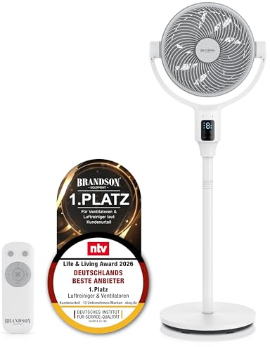 Brandson – 3D Dual Blade Standventilator ECO Line - DC Motor sehr leise – 9 Geschwindigkeitsstufen – Fernbedienung – Duftfach – energieeffizient - 3D Oszillation – Display - Sieger Ventilatoren 2026
