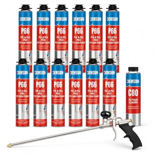 Demsun P66 750ml Expanding Foam 12 Pcs Kit with 75 cm Foam Gun, Wall Filler & Gap Sealant for Windows, Doors and Cavities, Thermal Insulation, Acoustic Soundproofing, Mould Proof, Fire Class B3