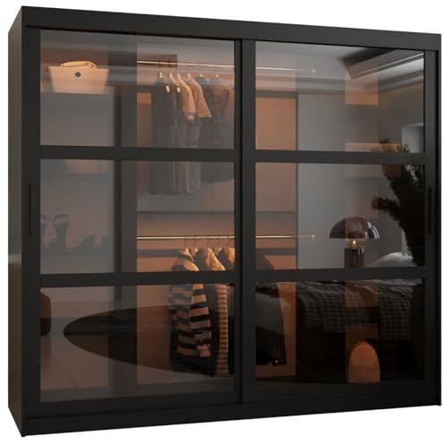 ABIKSMEBLE Dome Armoire à Deux Portes Coulissantes avec Miroir, Barres et Étagères - Armoire de Rangement avec Verre Fumé pour Chambre, Salon - 200x200x62 cm - Noir