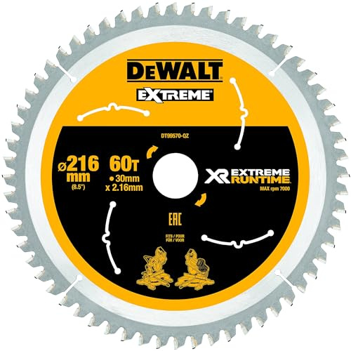 Dewalt XR Extreme Runtime cirkelsågblad DT99570 (216/30 mm, 60 WZ/FZ, 7°, för extra fina snitt, för användning på stationära sågar (batteri), för trä med spikar), 1 styck