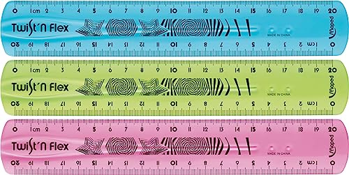 Maped - Material Escolar - Twist'n Flex Original - Regla Plana de 20 cm - Doble Graduación - Material Flexible e Irrompible - Diseño Lúdico - 3 Modelos Diferentes