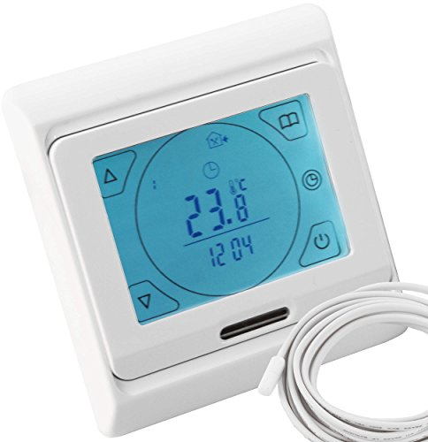 VILSTEIN© Digital Thermostat Temperatur-Regler Raumthermostat für Elektrische Fußbodenheizung Heizsysteme Touchscreen Beleuchtung Programmierbar mit Temperaturfühler Bodenfühler Unterputz weiß 16A