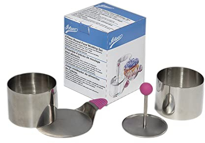 Ateco Round Food Molding Set, 2.75 by 2.1-Inches High, 4-Piece Set Includes 2 Rings, Fitted Press & Transfer Plate