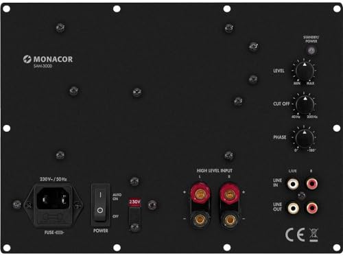 Monacor SAM-300D Aktives Subwoofer-Modul Klasse-D für das Digitale Zeitalter, Einbau-Verstärker in Schwarz mit Lautsprecherschutz