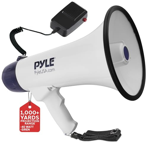 Pyle Megaphone Speaker PA Bullhorn with Built-in Siren - 40 Watts Adjustable Volume Control & Rechargeable Battery - 10 Sec Record Ideal for Football, Baseball, Basketball Cheerleading Fans, Coaches or for Safety Drills (PMP45R), White