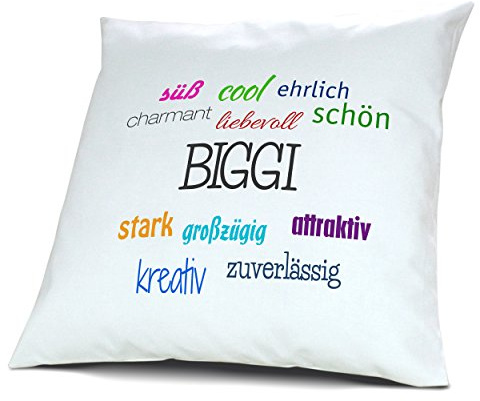digital print Kopfkissen mit Namen Biggi - Motiv Positive Eigenschaften, 40 cm, 100% Baumwolle, Kuschelkissen, Liebeskissen, Namenskissen, Geschenkidee, Deko