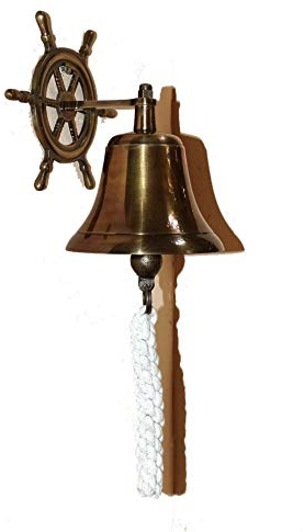 linoows Schiffsglocke, Glocke mit Kordel, Wandhalterung als Steuerrad Messing brüniert