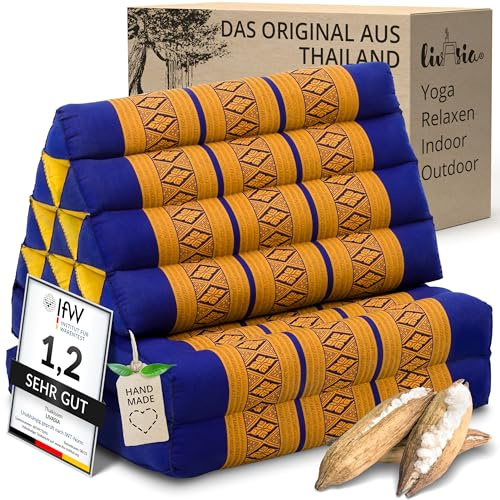 Livasia Cuscino Triangolare Thai 2 Segmenti - 120x50x8cm, Cuscino a Cuneo Kapok, Pieghevole, Tappetino Thai Fatto a Mano (Blu/Giallo)