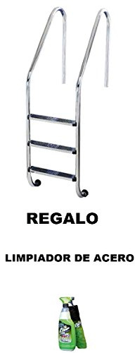 Escalera Piscina estándar 5 Peldaños Antideslizantes. Acero Inoxidable AISI 304 con Anclajes con Toma de Tierra. Regalo Limpiador de Acero