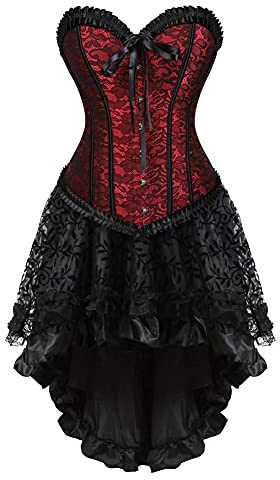 Jutrisujo korsett corsagen vollbrust Damen kleid korsettkleid elegant asymmetrisch rock spitze zum schnüren gothic rot S