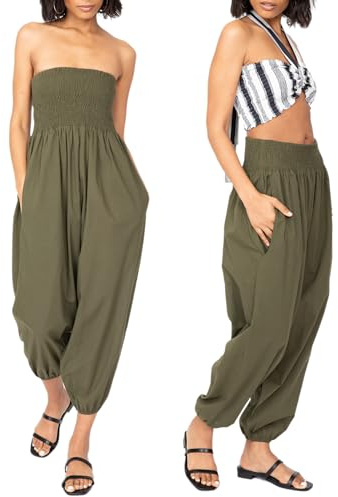 likemary Womens Jumpsuits Capri 2-in-1 - Cotton Harem Pants Green Khaki L