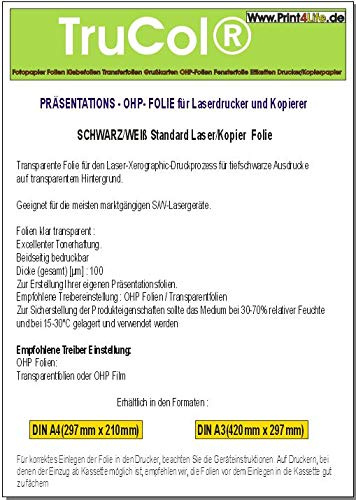 100 Blatt LASER DIN A3 Standard Universal OHP (Overhead) Transparente Präsentationsfolie. Standardkopierfolie für S/W Laser- und Kopierer mit beidseitig identischer Beschichtung. Die Folie ist 0,100 mm dick.