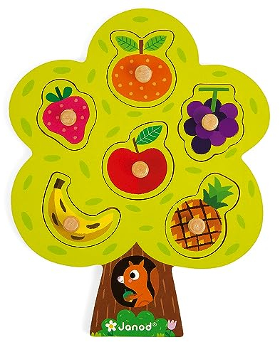 Janod - Fruchtbaum Holz Steckpuzzle - 6 Puzzleteile + 1 Brett - Kinder Holzspielzeug - Motorikspielzeug - Lernspiel für Gedächtnis und Geschicklichkeit - Ab 18 Monaten, J07061
