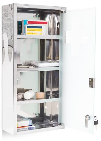 Relaxdays Medizinschrank groß H x B x T: 57 x 27 x 12 cm Apothekerschrank mit 4 Ablagen Arzneischrank Medikamentenschrank für Erste Hilfe aus glänzendem Metall mit Milchglas Tür abschließbar, silber