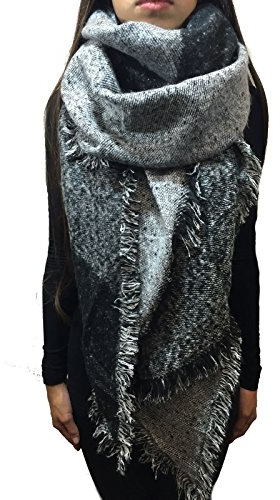 Worldclassca XXL DAMEN WINTER SCHAL DICK STRICKSCHAL KARO HALSTUCH SCARF PONCHO CAPE WARM NEU SEHR GROß (Schwarz-Grau)