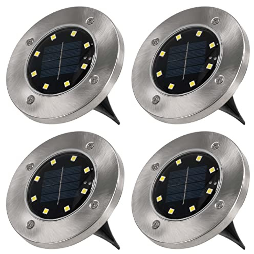 Nexos Trading Solar Bodenstrahler 4er Set mit 8 LED weiß aus Edelstahl Einbauleuchte 12 cm Wegbeleuchtung Wegmarkierung Gartenbeleuchtung Gehweg Treppenlicht