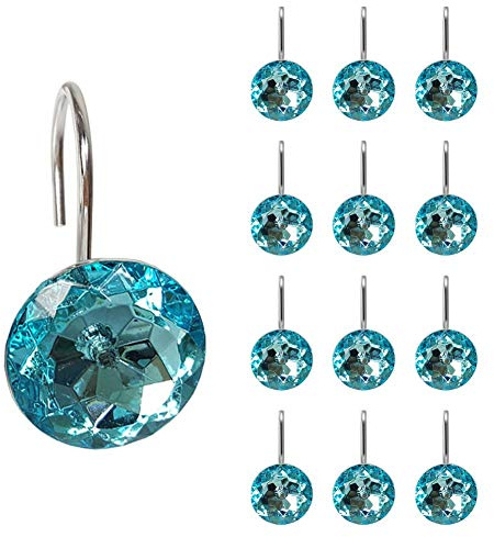 EleCharm 12 Pcs Bling Rhinestones Shower Curtain Hooks Bathroom Rolling Hooks (Blue Green)