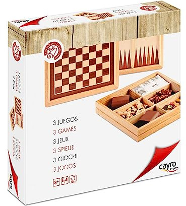 Cayro – Schach, Dame und Backgammon – ab 7 Jahren – Holz – Brettspiele – Kinder und Erwachsene – Wendebrett mit Box für Figuren – 2 Spieler