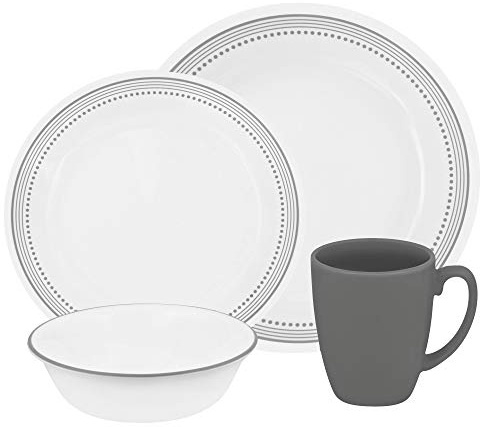 Corelle Vitrelle Glass Mystic Chip and Break Resistant Dinner Set, Set of 16, Grey
