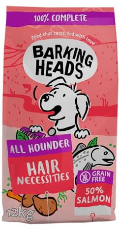 Barking Heads Complete Dry Dog Food 12kg - Adult All Hounder Hair Necessities Salmon - Natural Grain Free Hypoallergenic for Skin & Coat - Vet Approved