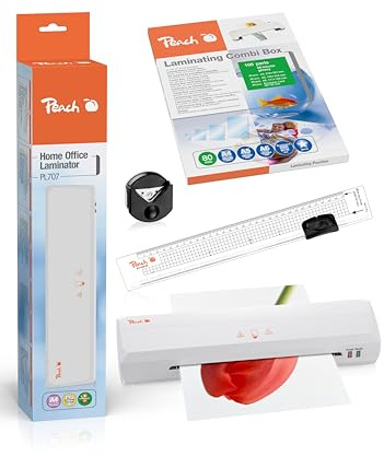 Peach 4 in 1 Laminierset inklusive Laminiergerät, Eckenrunder, Rollenschneider und Folien - für Heim und Büro - geeignet für alle handelsüblichen Folien in allen Größen bis max. A4, Weiß - PBP300