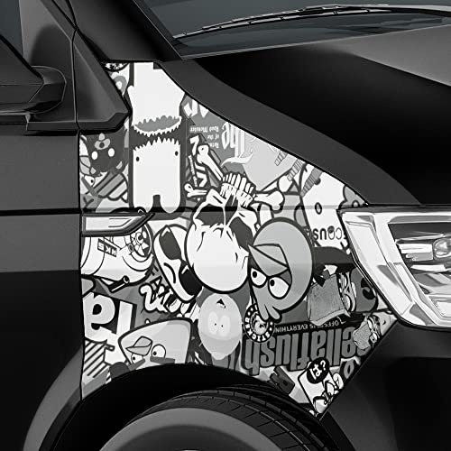 Auto-Dress Stickerbomb Auto-Folie mit Luftkanal-Technik für 3D Car-Wrapping (30x150cm, Design: Sponge, Farbe: Schwarz-Weiß, Finish: Glanz)