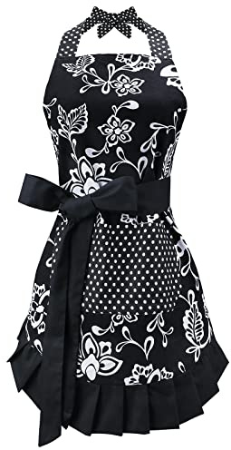 G2PLUS Vintage Floral Kitchen Apron for Women, Black Pleated Hem Cooking Apron with Pocket, Retro Cotton Apron for Kitchen and Home Use (29 x 21 inch)