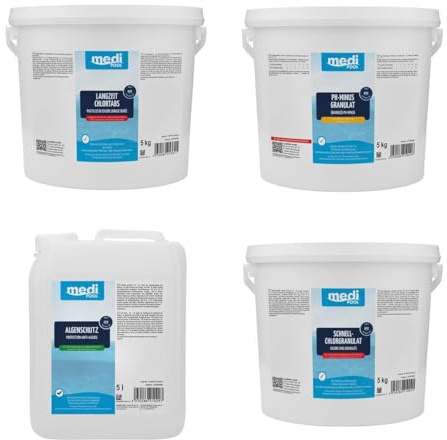 mediPOOL MEGA XL Spar-Pack 20 kg Poolpflege-Set Chlor mit Chlorgranulat, Langzeit Chlortabletten, Algenschutz und pH-Minus Granulat