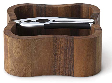 Continenta quadratische Nussschale aus Akazie Kernholz mit integriertem Qualitäts-Nussknacker, Größe: 24,5 x 24,5 x 8 cm