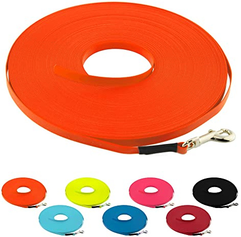 LENNIE Ultraleichte BioThane Schleppleine für Hunde bis 5kg, 15m lang, ohne Handschlaufe, Neon-Orange, genäht, 9 mm