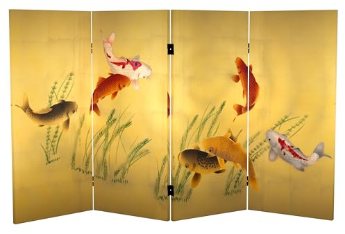 Red Lantern 3 ft. Short Double Sided Seven Lucky Fish Canvas Room Divider 4 Panel Freestanding Folding Privacy Screen Partition and Separator for Modern and Contemporary Bedroom Home Office Dorm
