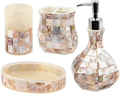 Milano Bathroom Accessories Set - 4 Piece Bathroom Accessory Set with Natural Mother of Pearl Shells - Decorative Bathroom Set Includes: Soap Dispenser, Toothbrush Holder, Tumbler and Soap Dish
