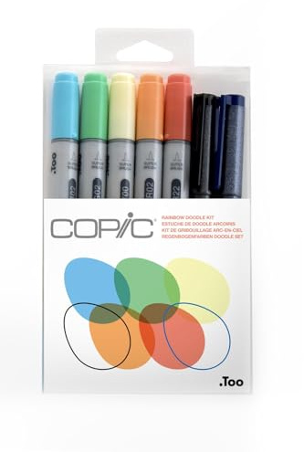 COPIC Ciao Set Rainbow Doodle Kit, 7er Set mit 5 Twin Marker mit einer mittelbreiten und einer Brush-Spitze inkl. 2 Multiliner Cobalt und Black 0,3 mm, Regenbogen