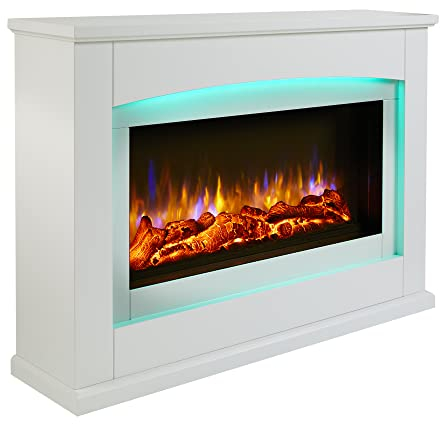 Endeavour Fires Danby 48 Electric Fireplace Suite with Realistic Flame & Log Effect Fire, 13-Colour LED Lighting, Remote Control, Off-White Surround