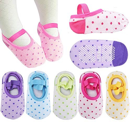 Kisgyst 5 Pairs Baby Girls Toddler Cartoon Dots Anti Slip Skid Foot Socks No-Show Crew Cotton Socks Sneakers 10-30 Months