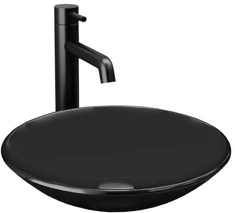 Alpenberger Schwarzglas Glaswaschschale Ø 46 cm | Rundes Handwaschbecken Aufsetzbar | Mini-Waschbecken Ohne Hahnloch | Aufsatzwaschtisch Gästewaschbecken | Moderne Waschschale fürs Bad & Gäste WC