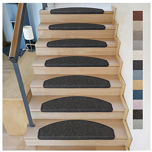 Metzker Stufenmatten Treppenteppich Göteborg 15 Stück Anthrazit | Sisal-Optik in aktuellen Farben incl. Klebeband | Trittfläche Halbrund 65x24cm