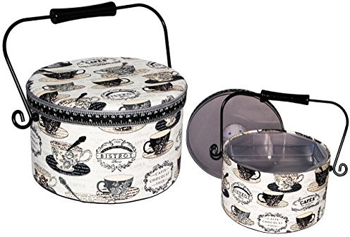 alles-meine.de GmbH 2 TLG. Nähkorb XL groß RUND - mit Tassen/Kaffeetassen Stoff bezogen - mit Metallhenkel - Nähkasten für Handarbeiten Nähkästchen - Handarbeitskorb leer schwa..