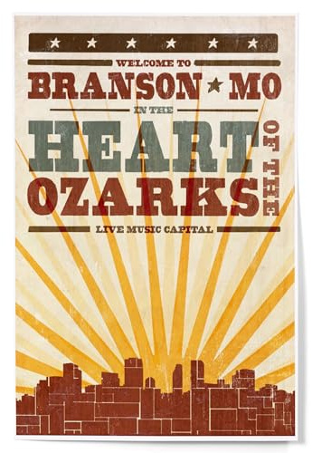 Lantern Press 12x18 Inch Art Print, Home Decor, Branson, Missouri, Skyline and Sunburst Screenprint Style