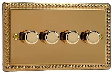 Varilight Georgian Brass, LED Dimmer Switch - V-Pro Series, 4 Gang (Double), 1 or 2 Way, 250 Watt (Trailing Edge)