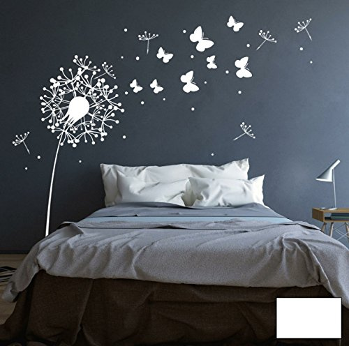 Wandtattoo Wandaufkleber Aufkleber Pusteblume mit süßen Schmetterlingen M1348 - ausgewählte Farbe: *Weiß* ausgewählte Größe:*L 200cm breit x 180cm hoch