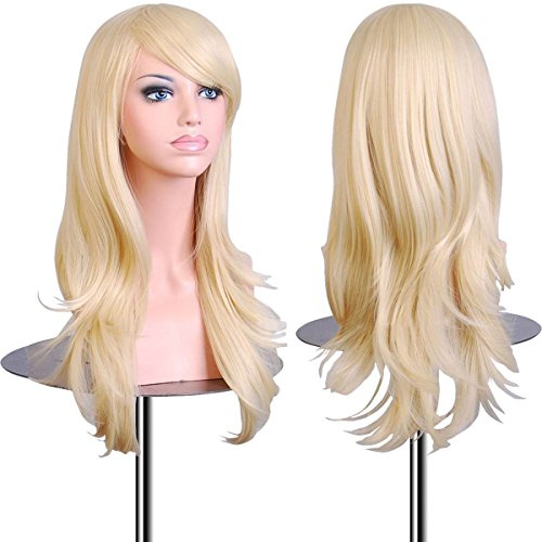 EmaxDesign Peruker 70 cm cosplay-peruk för kvinnor. Lång, full, lockig, stor vågig, värmebeständig. Mode glamour hårstycke med peruk mössa peruk kam (färg: ljusblond)