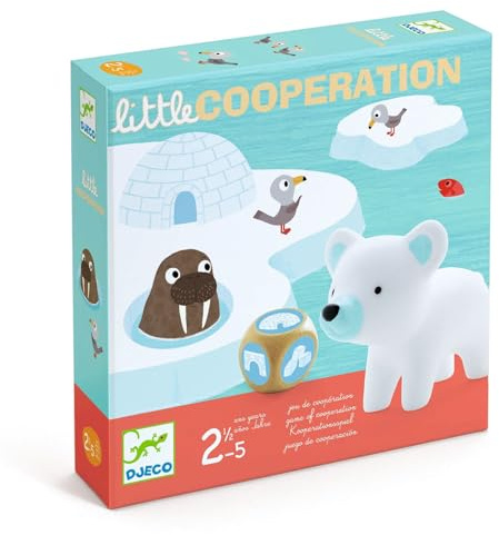DJECO Little Cooperation - Jeu de Société Enfants, 2,5 à 5 Ans - Stratégie et Travail d'Équipe - Aide Les Animaux à Rejoindre Leurs Igloos ! 2 Plateaux, 1 Pont, 6 Piliers, 4 Figurines - 2 à 4 Joueurs