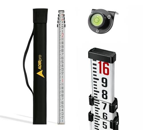 AdirPro 16 ft Aluminum Telescoping Grade Rod | Dual-Sided 5-Section Leveling Rod with 8th Foot Graduations & Bubble Level | Waterproof Case | For Laser, Transit & Optical Surveying